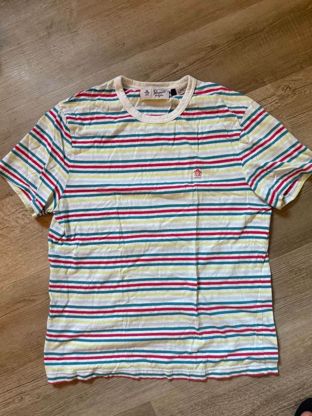 Original Penguin Short Sleeve Striped Tee in White, Red, Teal & Yellow